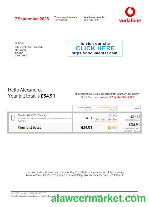 UNITED KINGDOM VODAFONE utility bill Word and PDF template